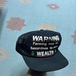 Vintage 80s trucker hat mesh cap farming may be hazardous to your wealth funny
